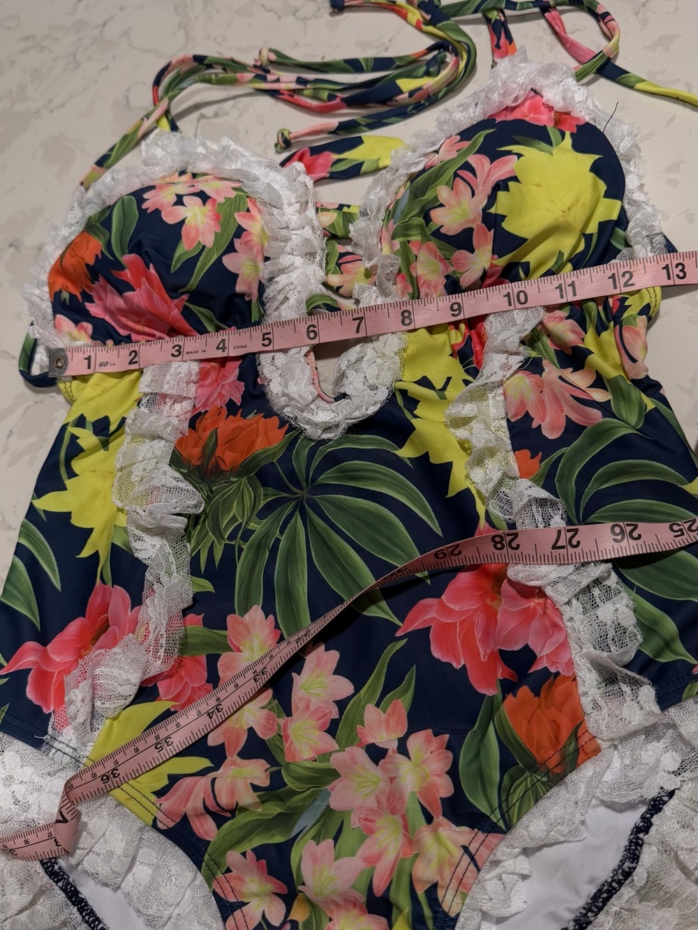 Lace-Trim Floral Halter One-Piece Sexy Swimsuit - Picture 10 of 11